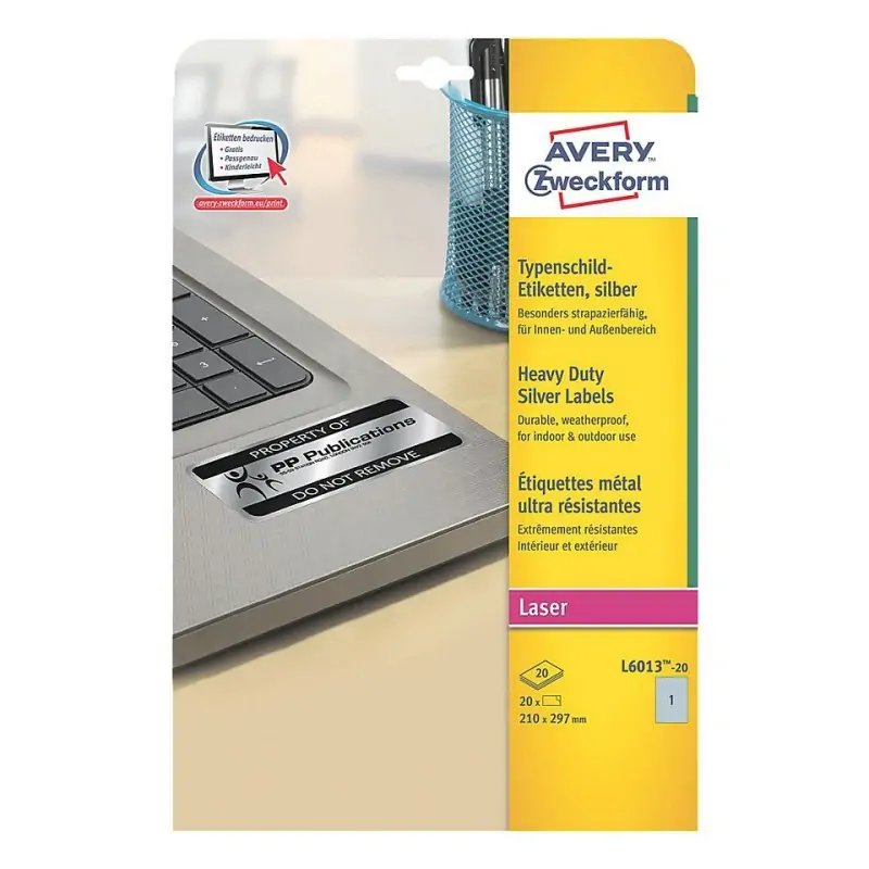 Image of Avery Etichette in poliestere argento - per stampanti Laser bianco/nero 210 x 297 mm