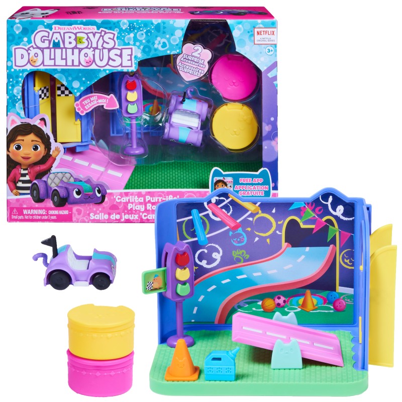 Image of Spin Master Gabby's Dollhouse , Stanza dei giochi Carlita Purr-ific con la macchinina giocattolo Carlita, accessori