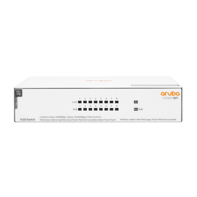 Aruba Instant On 1430 8G Class4 PoE 64W Non gestito L2 Gigabit Ethernet (10/100/1000) Supporto Power over (PoE) Bianco