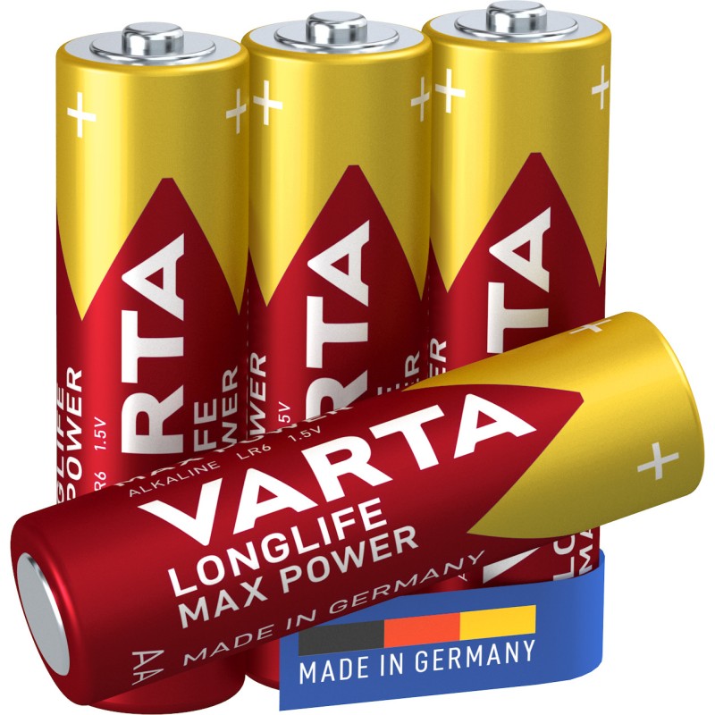 Varta Longlife Max Power, Batteria Alcalina, AA, Mignon, LR6, 1.5V, Blister da 4. Made in Germany