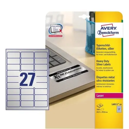 Avery L6011-20 etichetta autoadesiva Rettangolo con angoli arrotondati Permanente Argento 540 pz