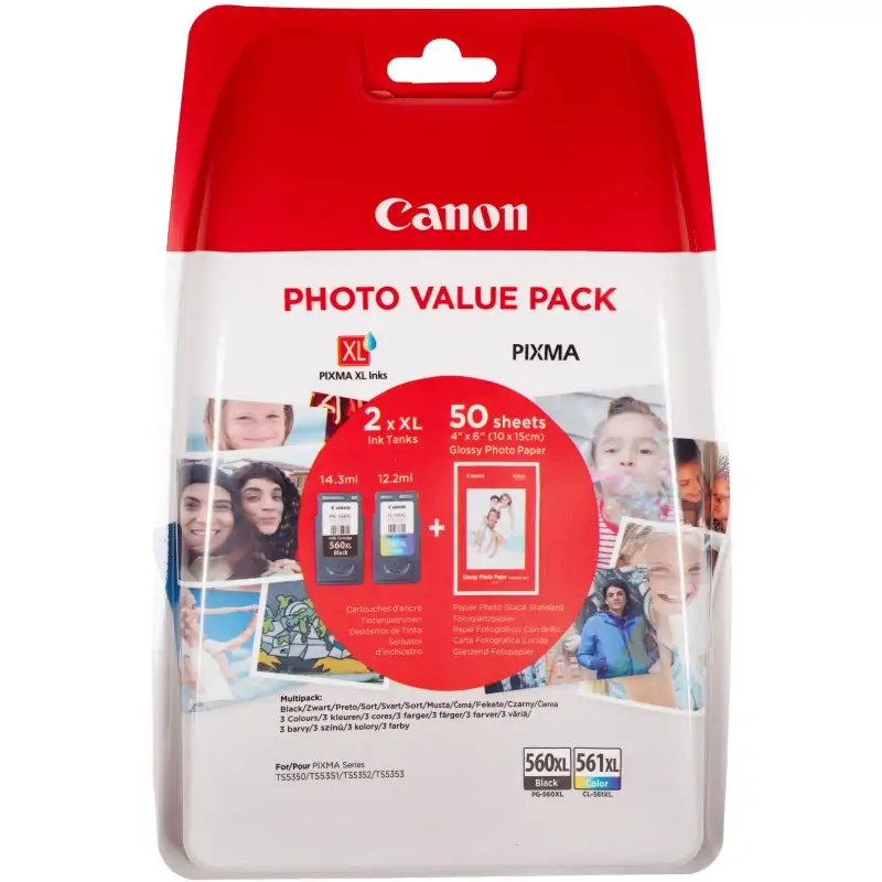 Image of Canon Confezione multipla con cartucce di inchiostro nero PG-560XL e a colori CL-561XL + carta fotografica