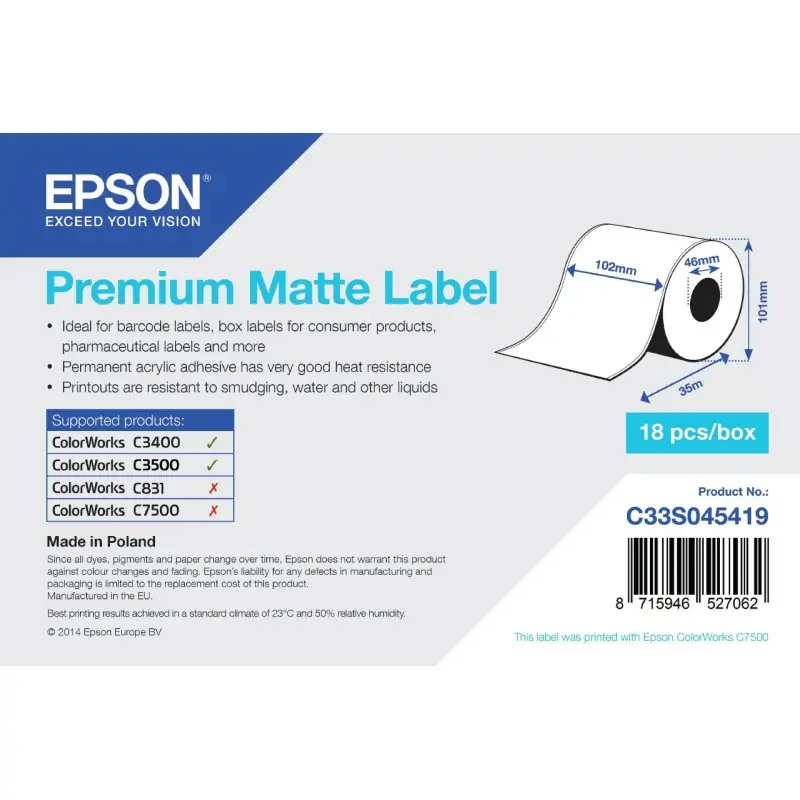 Image of Epson Premium Matte Label - Continuous Roll: 102mm x 35m