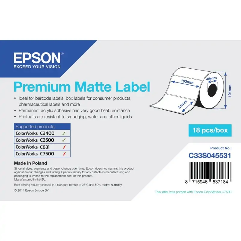 Image of Epson Premium Matte Label - Die-cut Roll: 102mm x 51mm, 650 labels