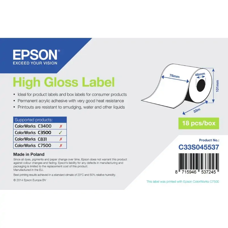 Image of Epson High Gloss Label - Continuous Roll: 76mm x 33m