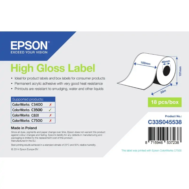 Image of Epson High Gloss Label - Continuous Roll: 102mm x 33m