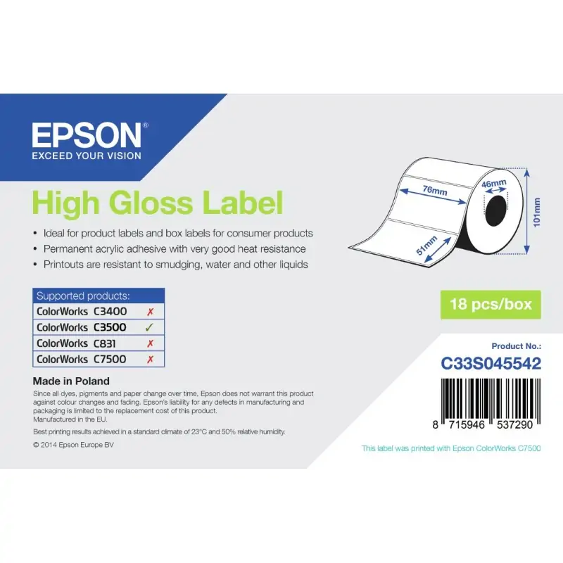 Image of Epson High Gloss Label - Die-cut Roll: 76mm x 51mm, 610 labels