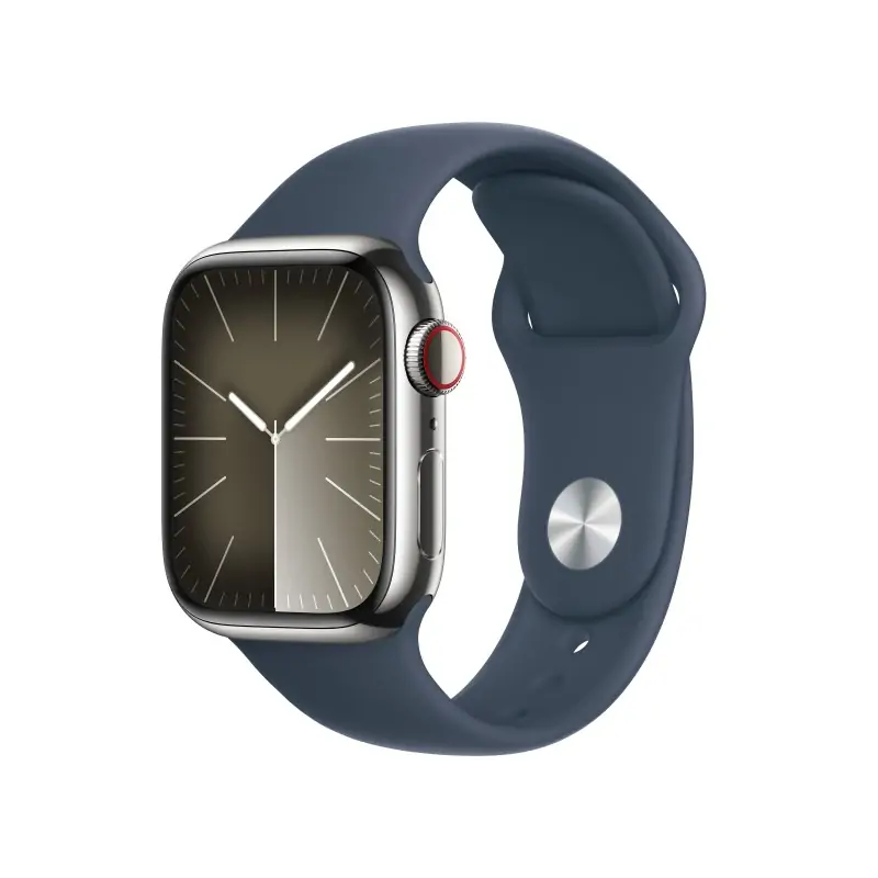 Image of Apple Watch Series 9 GPS + Cellular Cassa 41mm in Acciaio inossidabile con Cinturino Sport Blu Tempesta - S/M
