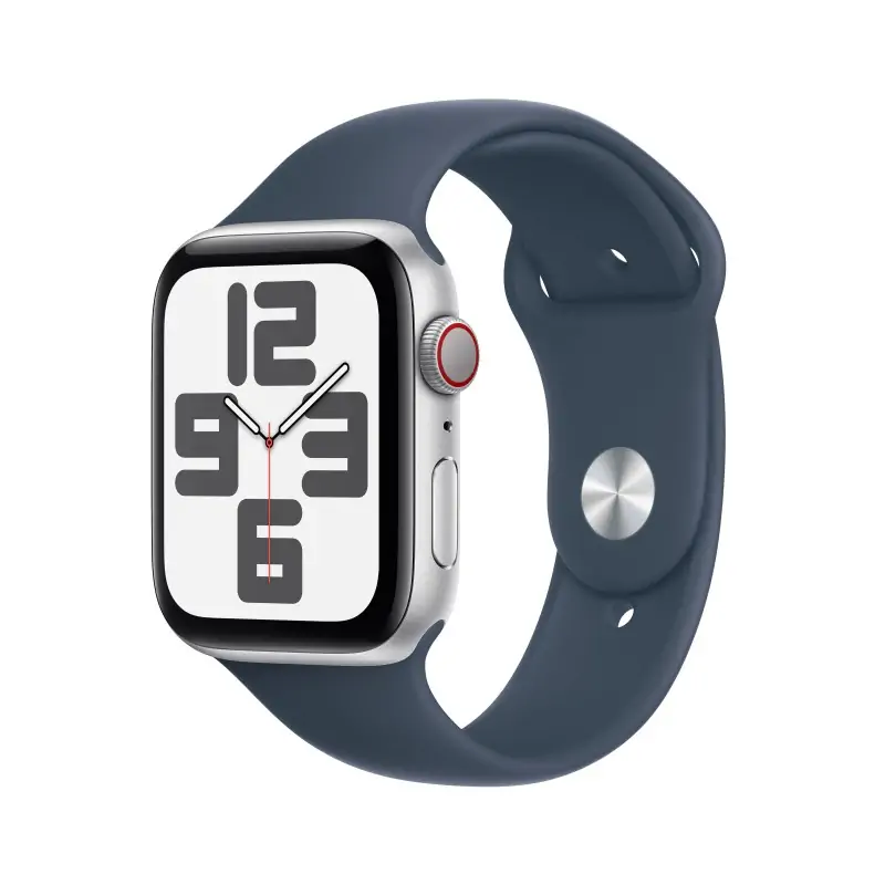 Image of Apple Watch SE GPS + Cellular Cassa 44mm in Alluminio Argento con Cinturino Sport Blu Tempesta - S/M