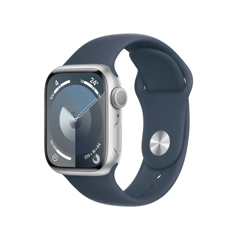 Image of Apple Watch Series 9 GPS Cassa 41mm in Alluminio Argento con Cinturino Sport Blu Tempesta - M/L