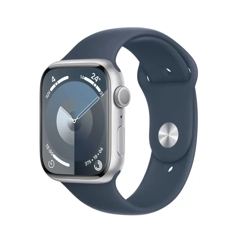 Image of Apple Watch Series 9 GPS Cassa 45mm in Alluminio Argento con Cinturino Sport Blu Tempesta - S/M