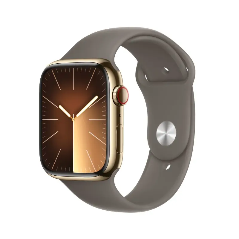 Image of Apple Watch Series 9 GPS + Cellular Cassa 45mm in Acciaio inossidabile Oro con Cinturino Sport Creta - S/M