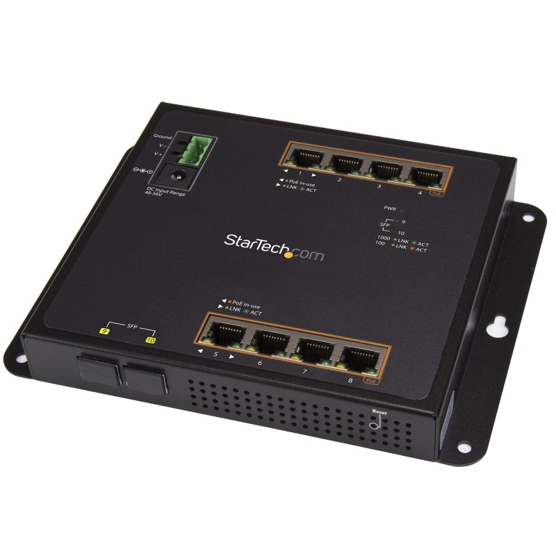 Image of StarTech.com Switch Ethernet Gigabit a 8 porte PoE+ con 2 connessioni SFP - Gestito Montabile Parete accesso frontale
