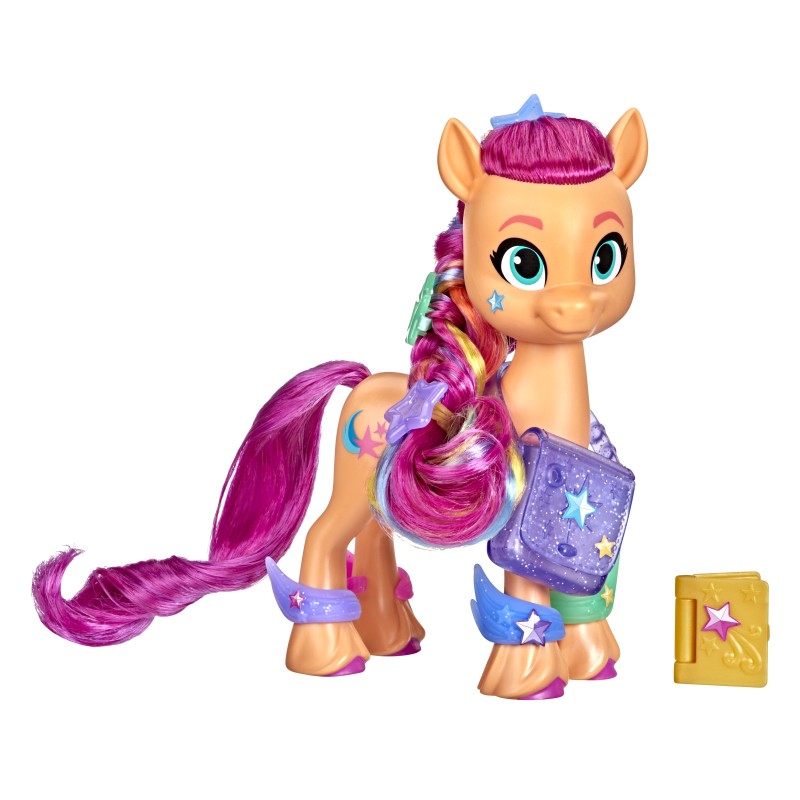 Image of Hasbro My Little pony Una Nuova Genarazione, Sunny Capelli Arcobaleno, arancione da 15 cm con treccia arcobaleno e 17 accessori