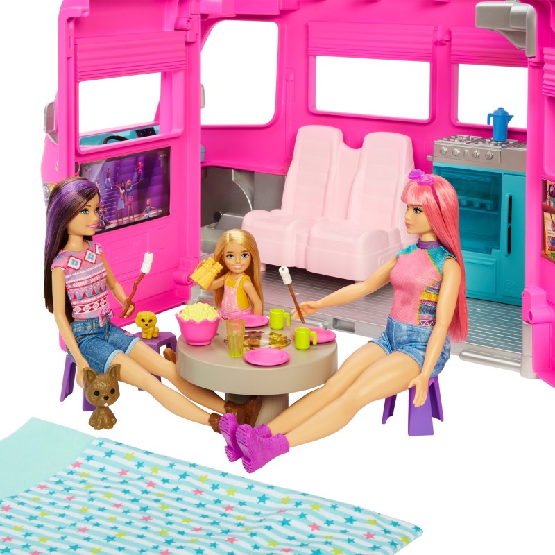 Image of Barbie Camper dei Sogni - Veicolo con Scivolo e Piscina 2 Cuccioli 7 Aree Gioco Alto 76 cm 60+ Accessori Regalo per Bambini 3+
