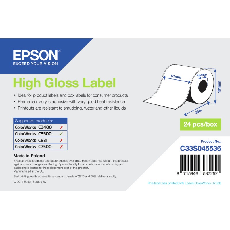 Image of Epson High Gloss Label - Continuous Roll: 51mm x 33m
