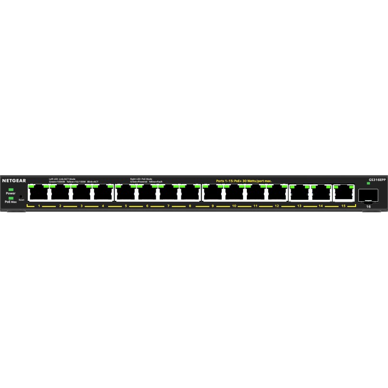Image of NETGEAR 16-Port High-Power PoE+ Gigabit Ethernet Plus Switch (231W) with 1 SFP port (GS316EPP) Gestito (10/100/1000) Supporto
