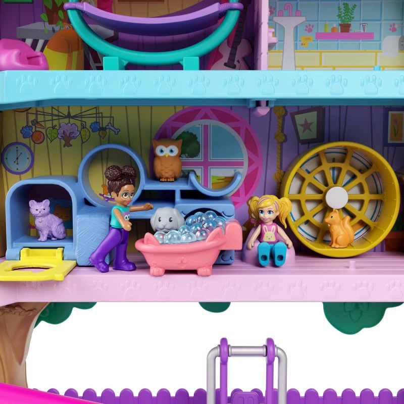 Image of Polly Pocket Pollyville Casa sull'Albero dei Cuccioli, playset a 5 piani, 15+ pezzi gioco: 2 bambole, veicolo