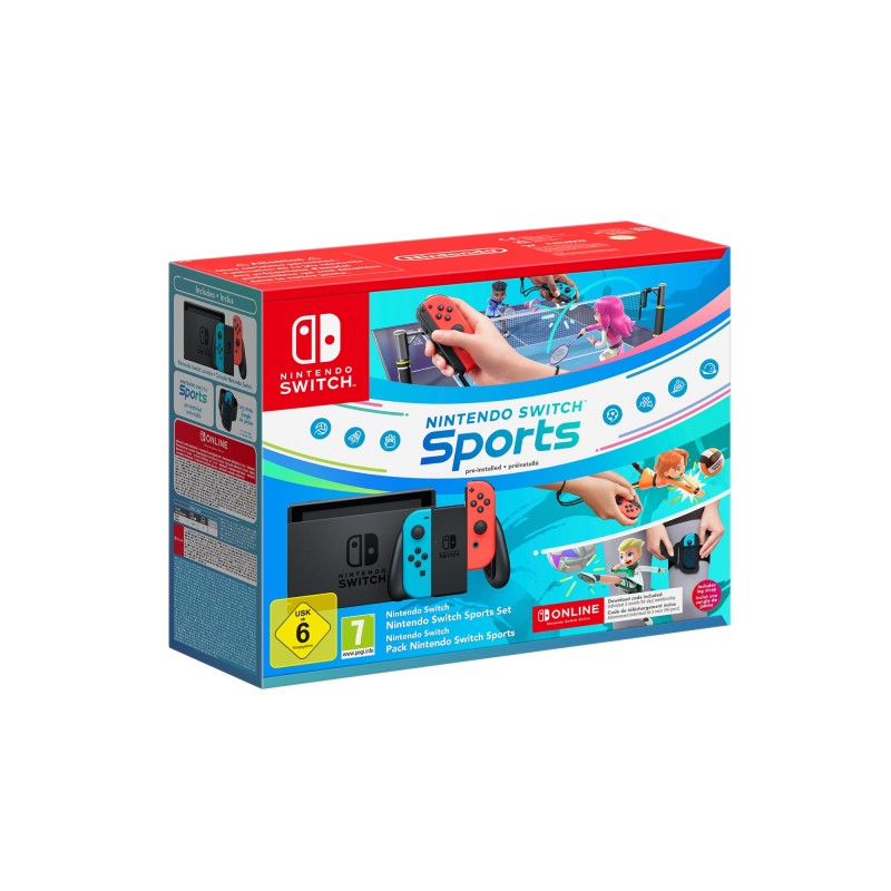 Image of Nintendo Switch con Joy-Con Rosso Neon e Blu Neon + Switch Sports + fascia per la gamba + Tre mesi di Switch Online