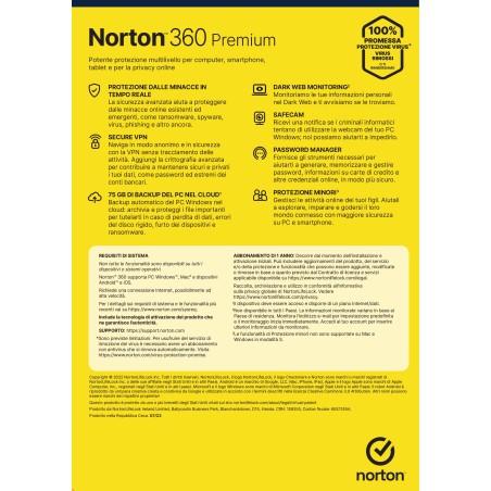 NortonLifeLock Norton 360 Premium Segurança antivírus Italiano 1 licença(s) 1 ano(s)