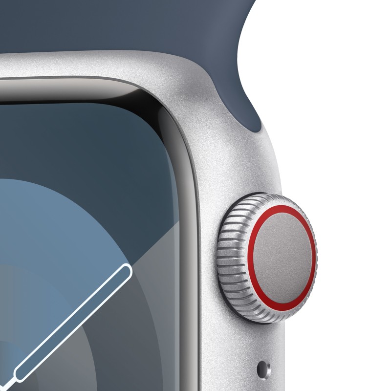 Image of Apple Watch Series 9 GPS + Cellular Cassa 41mm in Alluminio Argento con Cinturino Sport Blu Tempesta - S/M