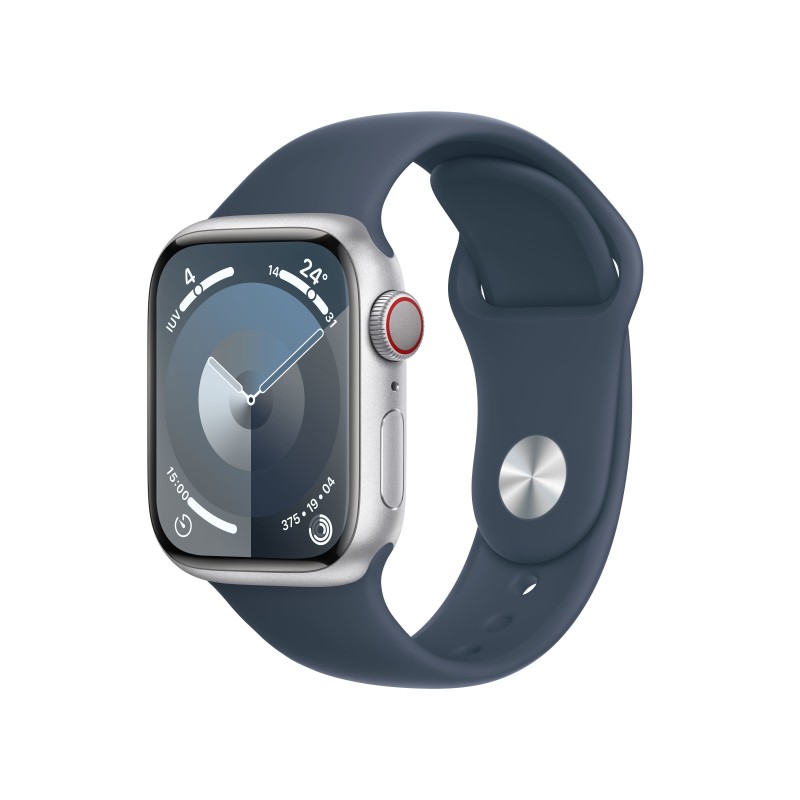 Image of Apple Watch Series 9 GPS + Cellular Cassa 41mm in Alluminio Argento con Cinturino Sport Blu Tempesta - M/L