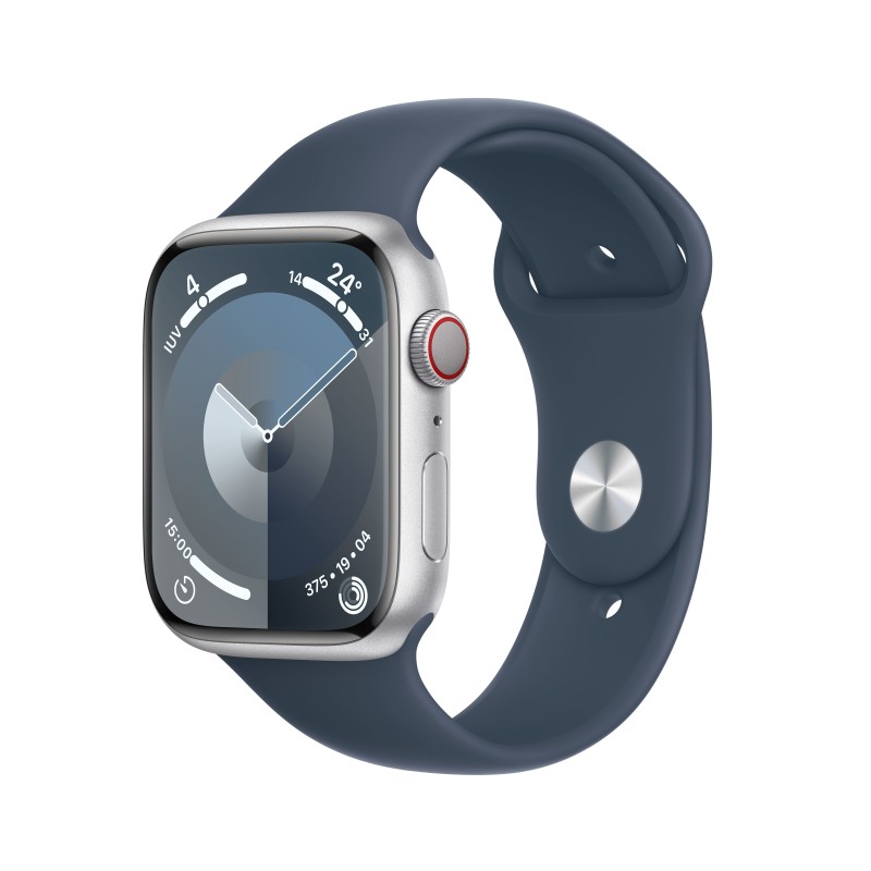 Image of Apple Watch Series 9 GPS + Cellular Cassa 45mm in Alluminio Argento con Cinturino Sport Blu Tempesta - S/M