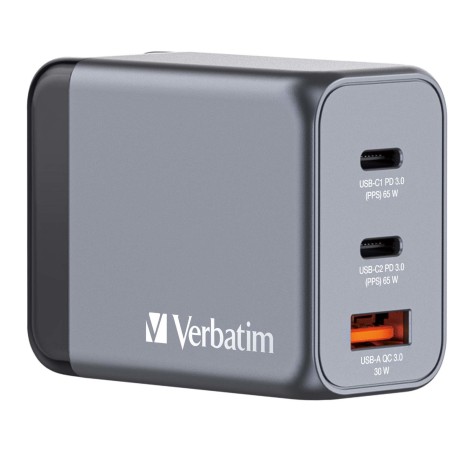 Verbatim 65 W GaN-wandoplader met drie poorten 2 x USB-C PD 65 W   1 x USB-A QC 3.0 (EU VK VS)