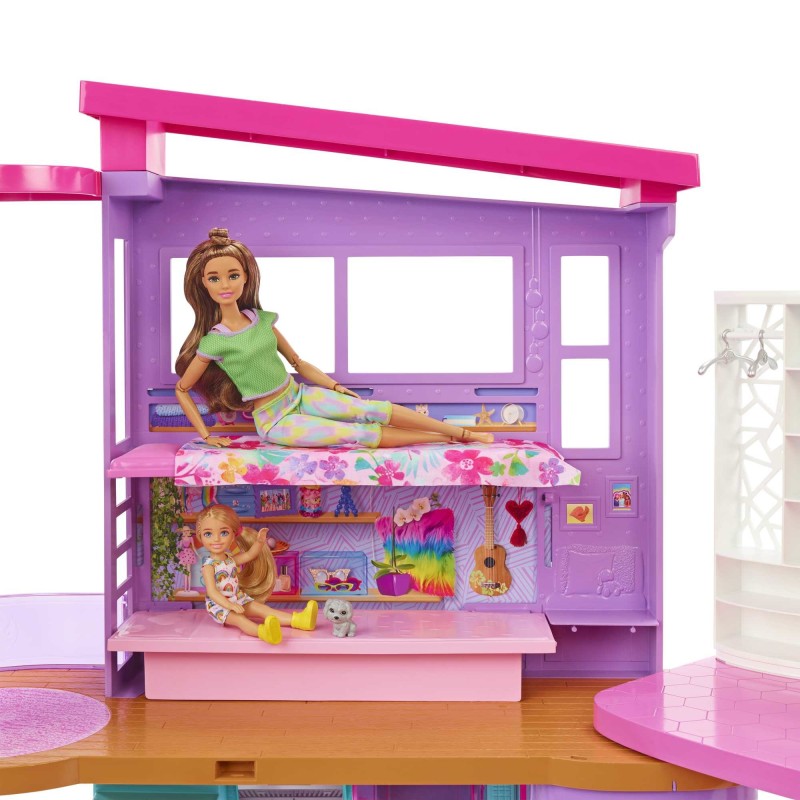 Image of Barbie Casa di Malibu (106 cm) playset casa delle bambole con 2 piani, 6 stanze, ascensore altalena e più di 30 pezzi,