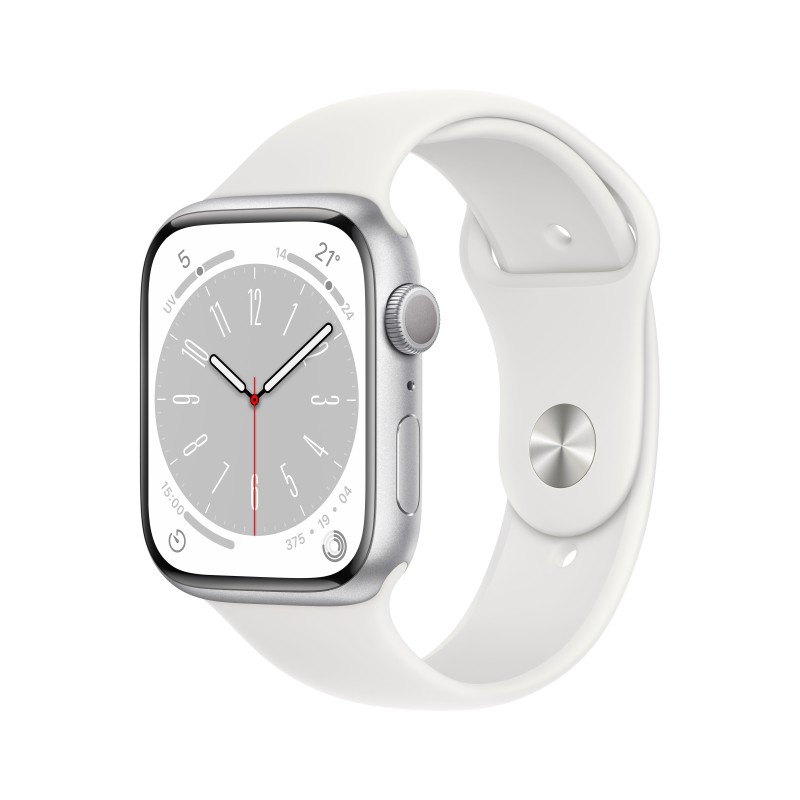 Image of Apple Watch Series 8 GPS 45mm Cassa in Alluminio color Argento con Cinturino Sport Band Bianco - Regular