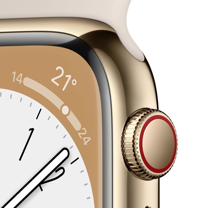 Image of Apple Watch Series 8 GPS + Cellular 45mm Cassa in Acciaio Inossidabile color Oro con Cinturino Sport Band Galassia - Regular