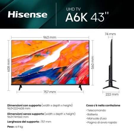 Hisense 43A6K TV 109,2 cm (43") 4K Ultra HD Smart TV Wi-Fi Preto 200 cd m²