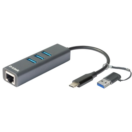 D-Link USB-C USB naar Gigabit Ethernet-adapter met 3 USB 3.0-poorten DUB-2332