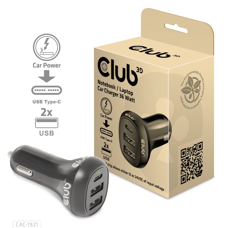Image of CLUB3D USB KFZ-Ladegerät 1xUSB C 2xUSB A 36W 12/24V retail