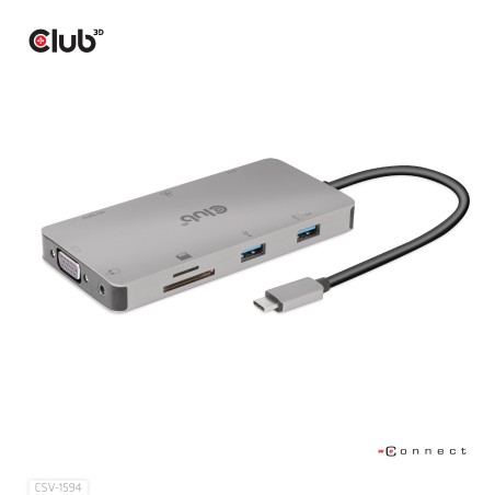CLUB3D Type-C 9-in-1 hub with HDMI, VGA, 2x USB Gen1 Type-A,RJ45,SD Micro SD card slots and USB Type-C oplaad mogelijkheid tot